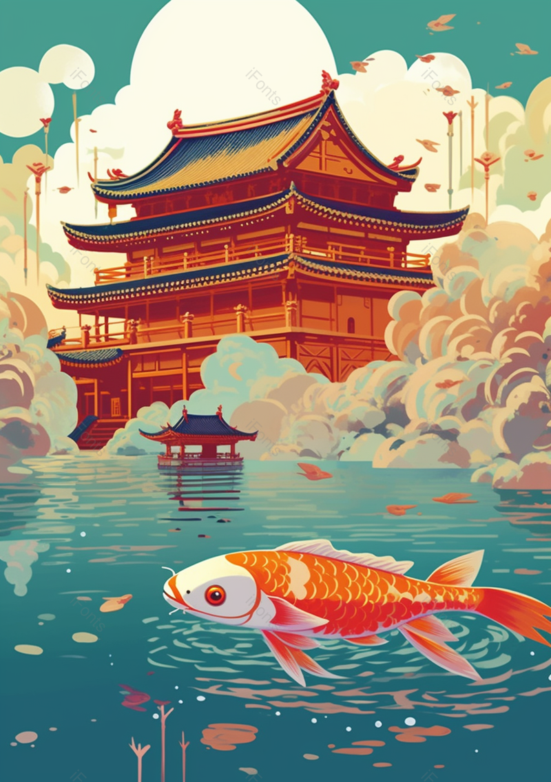 红色的古建筑池塘中的锦鲤在跳跃中国风插画背景,插画/手绘图,插画/手绘图库,插画/手绘图下载,插画/手绘